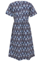 Back view of short sleeve maxi dress with pockets and button at nape of neck back view
