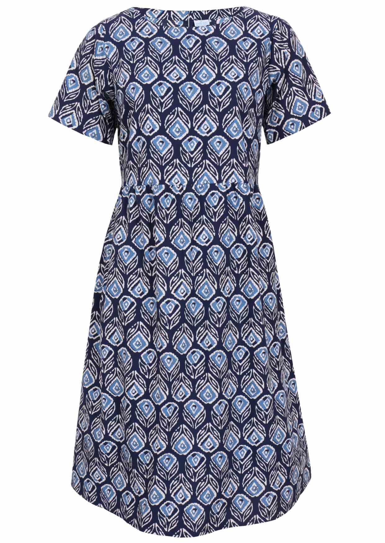 Front mannequin photo of cotton dress  with short sleeves in navy based floral print