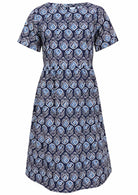 Front mannequin photo of cotton dress  with short sleeves in navy based floral print