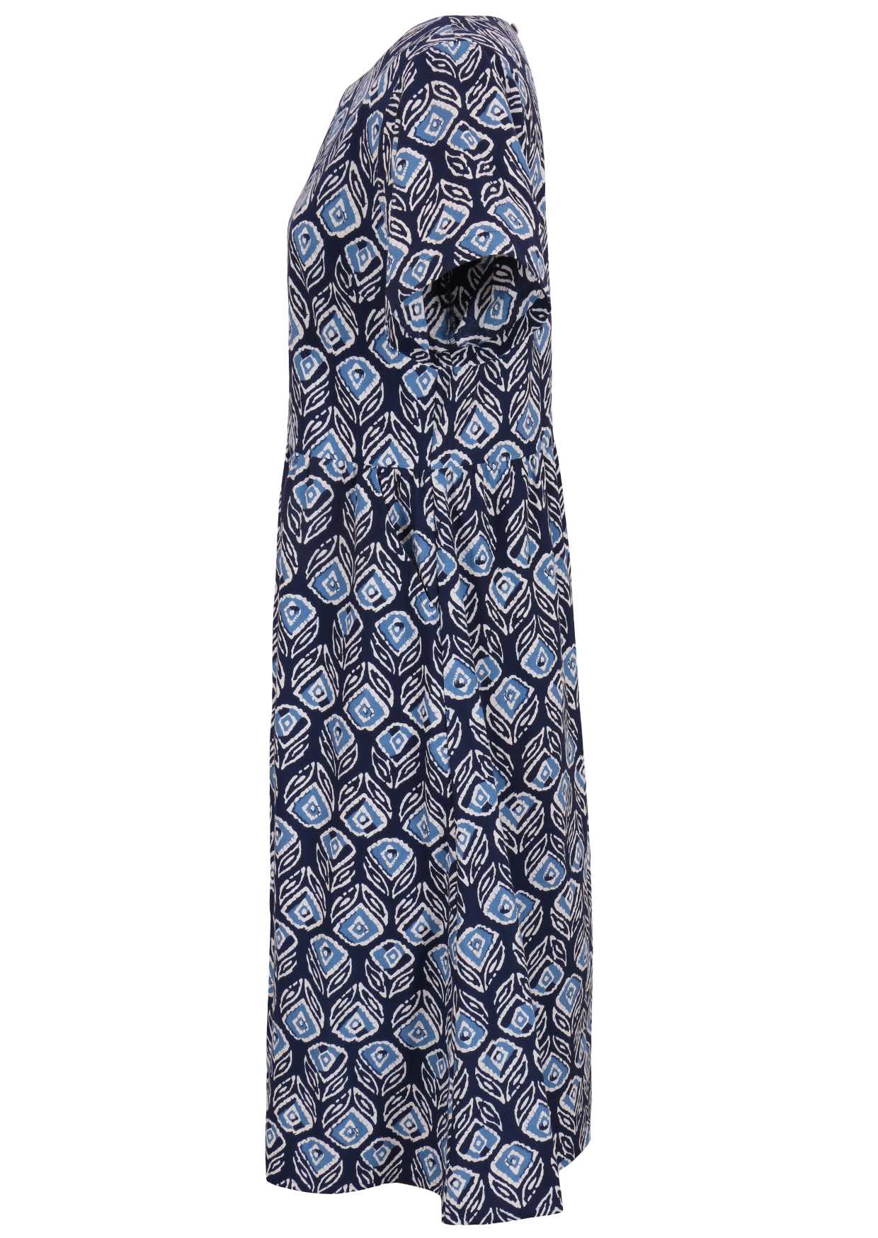 Side mannequin photo of cotton dress  with hidden side pockets with navy based floral print