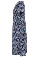 Side mannequin photo of cotton dress  with hidden side pockets with navy based floral print