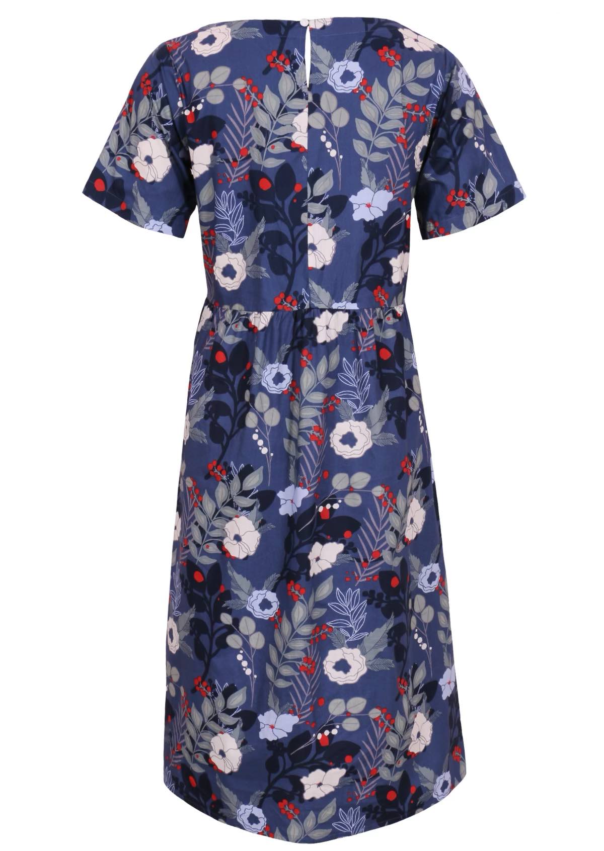 Back mannequin photo of cotton dress  with button closure at nape of neck, in blue, white and red floral print