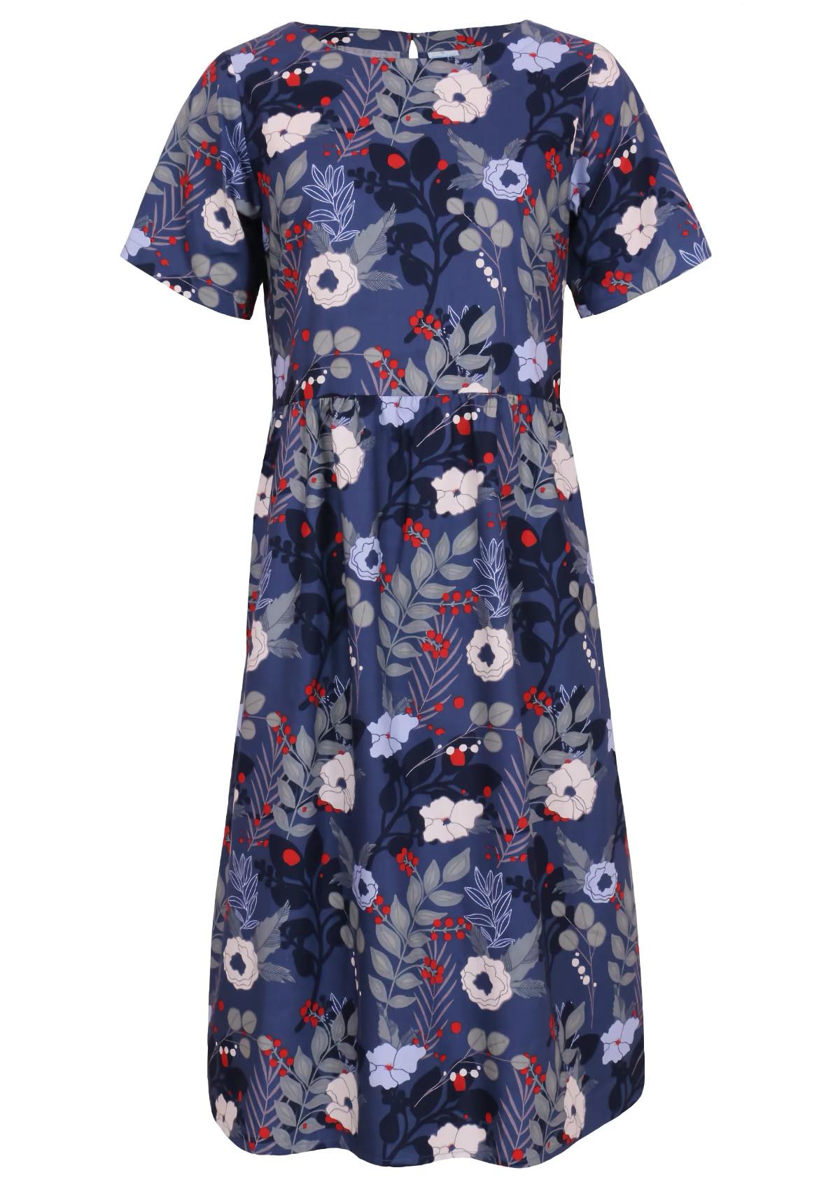 Front mannequin photo of cotton dress  with short sleeves, in blue, white and red floral print
