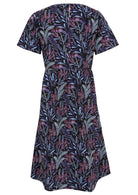 Cotton black base botanical print dress with button at the nape