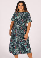 100% cotton shin length dress with T-shirt sleeves and pockets