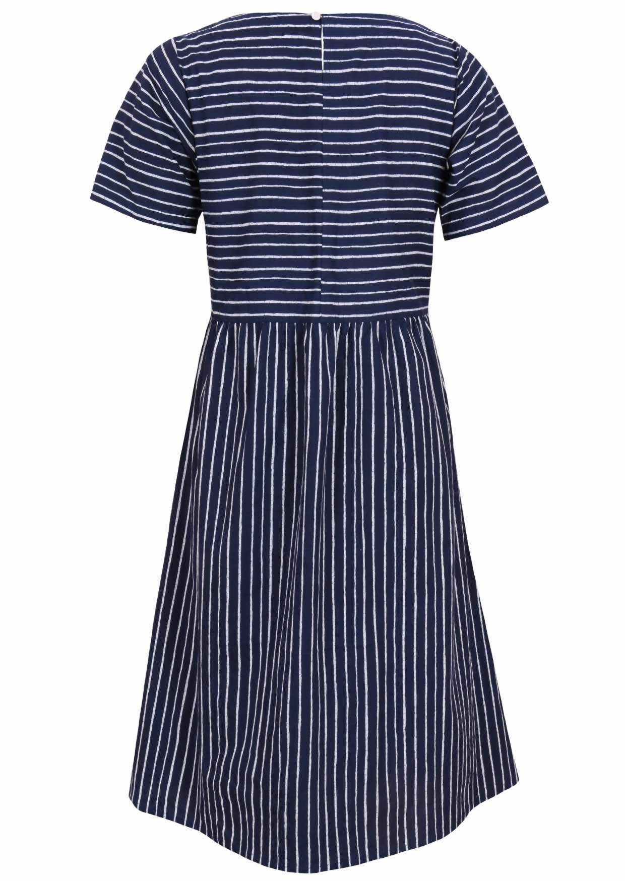 Back view of short sleeve maxi dress with pockets and button at nape of neck back view