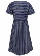Back view of short sleeve maxi dress with pockets and button at nape of neck back view