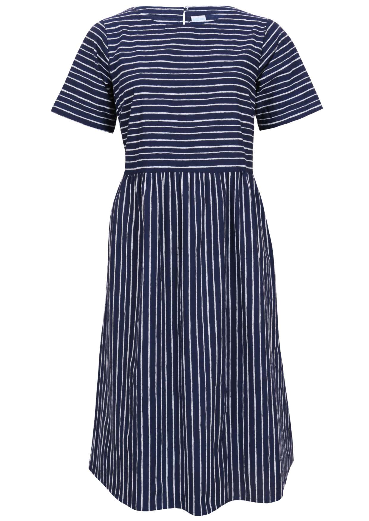 Front mannequin photo of cotton dress  with short sleeves in navy based white striped print