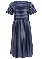 Front mannequin photo of cotton dress  with short sleeves in navy based white striped print