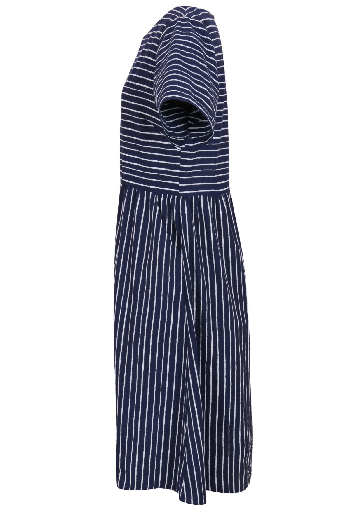 Side mannequin photo of cotton dress  with hidden side pockets with navy based white striped print