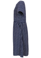 Side mannequin photo of cotton dress  with hidden side pockets with navy based white striped print