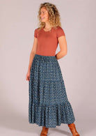 100% cotton boho tiered maxi skirt in blue 