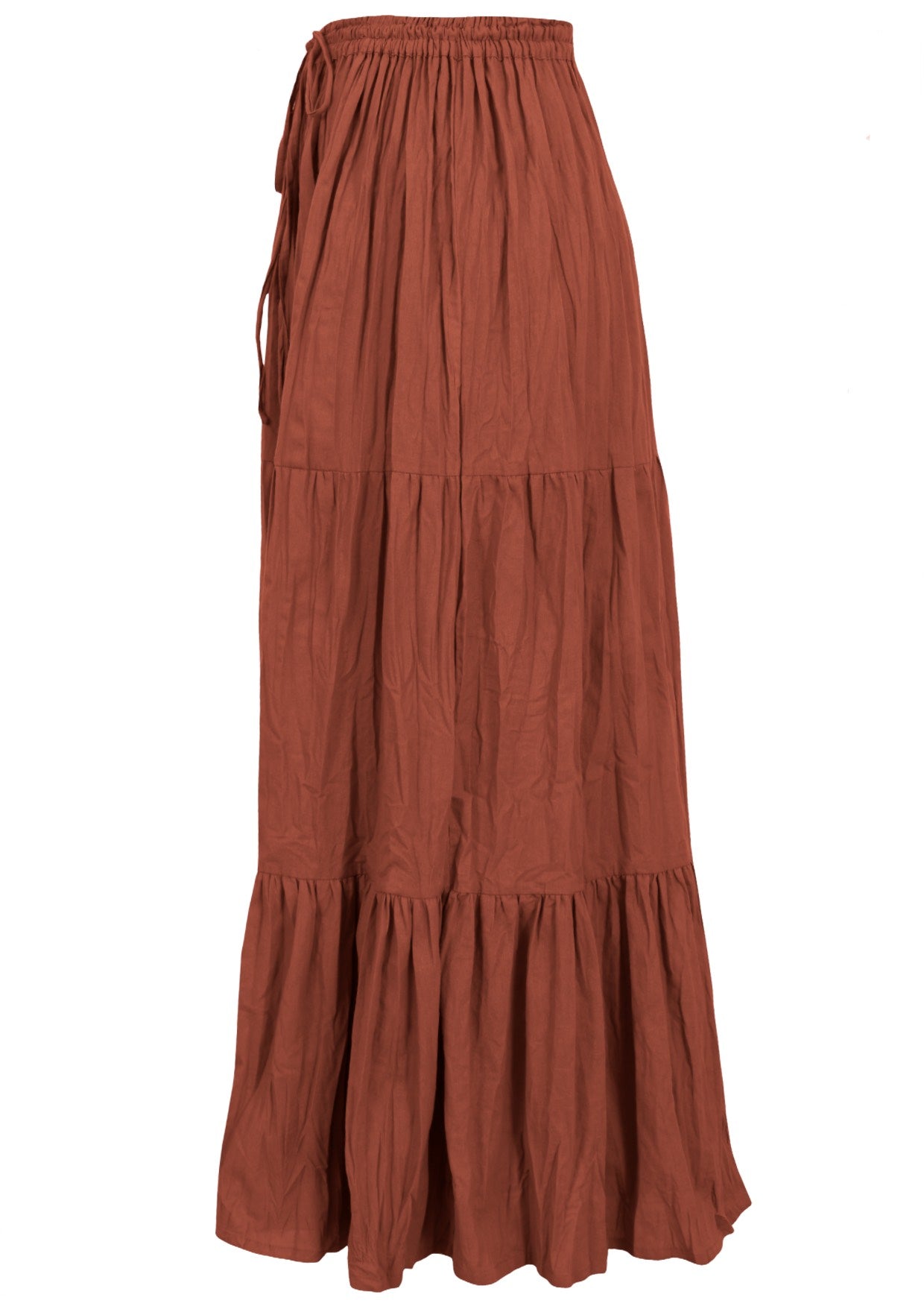 Side view of rust shade 100% cotton skirt with elasticated waistband and drawstring