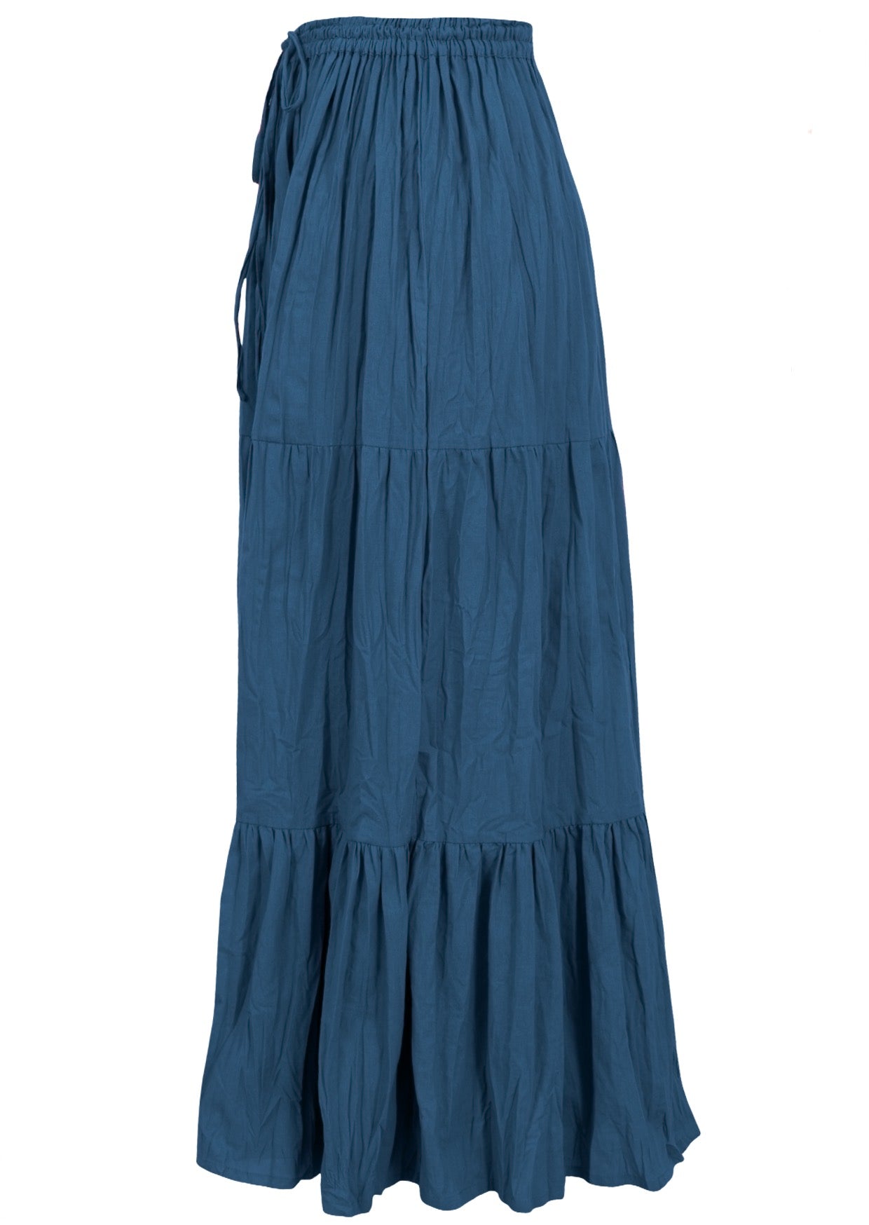 Side view of corsair blue 100% cotton skirt with elasticated waistband and drawstring