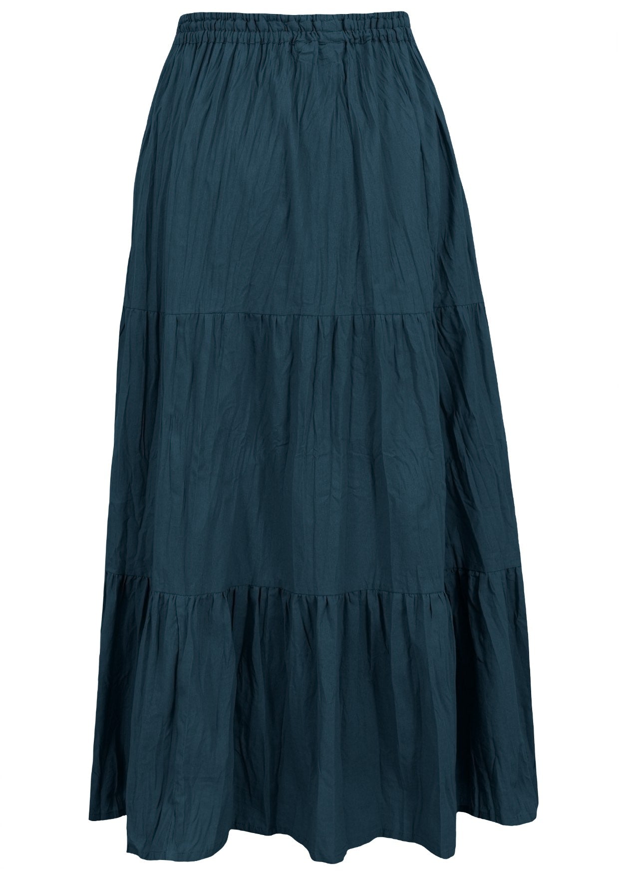 Back view of deep teal 100% cotton skirt with elasticated waistband and drawstring