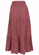 Womans 100 percent three tiered maxi skirt dark terracotta back view