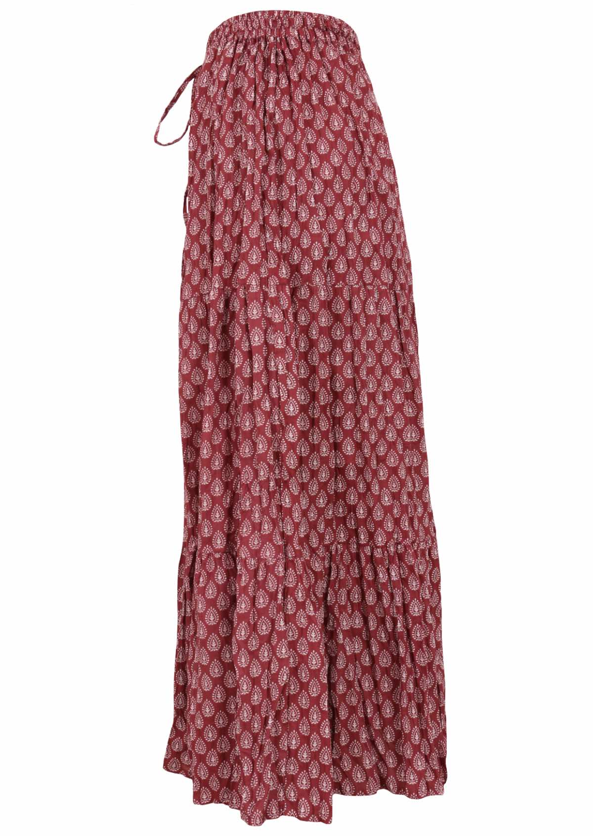 Womans 100 percent three tiered maxi skirt dark terracotta side view