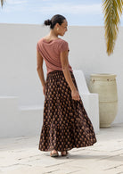 Model standing back faced styles floral cotton maxi skirt with basic rayon top dusty rose.
