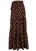 Side image of a floral printed maxi skirt with elasticated waistband and drawstring.