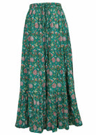 Front mannequin photo of three tiered cotton maxi skirt with elasticated waistband and drawstring