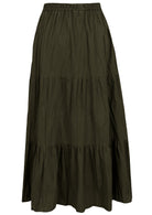 Back view of olive green 100% cotton skirt with elasticated waistband and drawstring