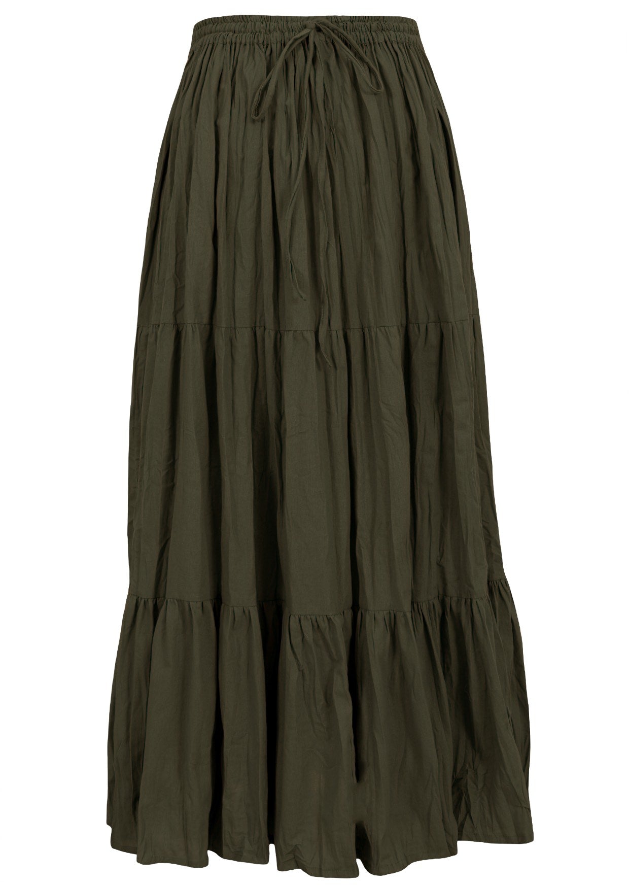 100% cotton olive green skirt with elasticated wasitband and drawstring