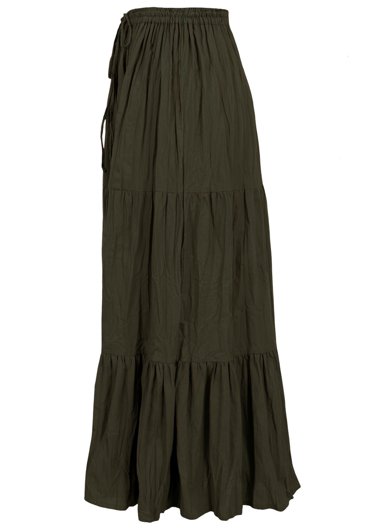 Side view of olive green 100% cotton skirt with elasticated waistband and drawstring