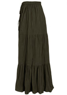 Side view of olive green 100% cotton skirt with elasticated waistband and drawstring