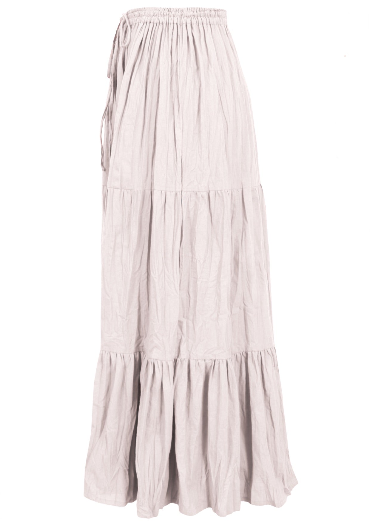 Side view of white 100% cotton skirt with elasticated waistband and drawstring