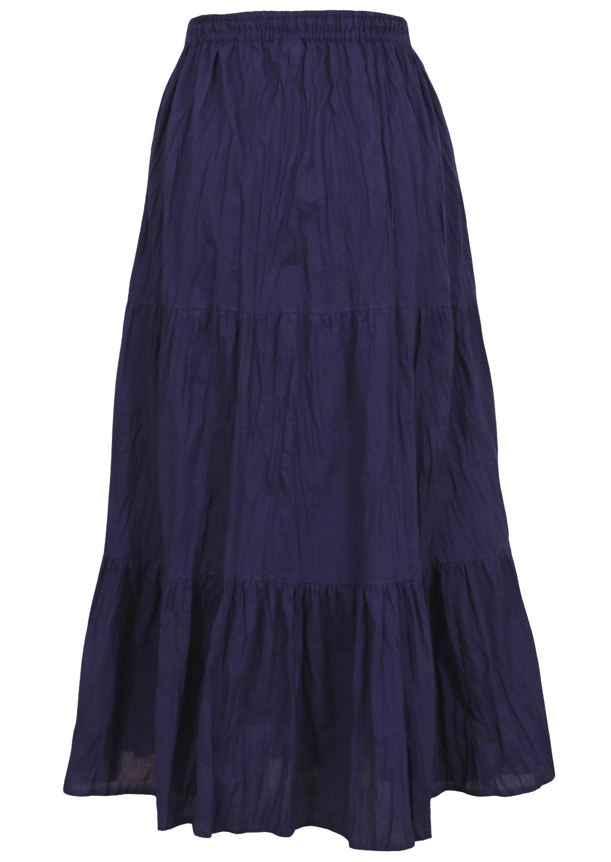 Back mannequin photo of cotton three tiered maxi skirt in dark vibrant blue