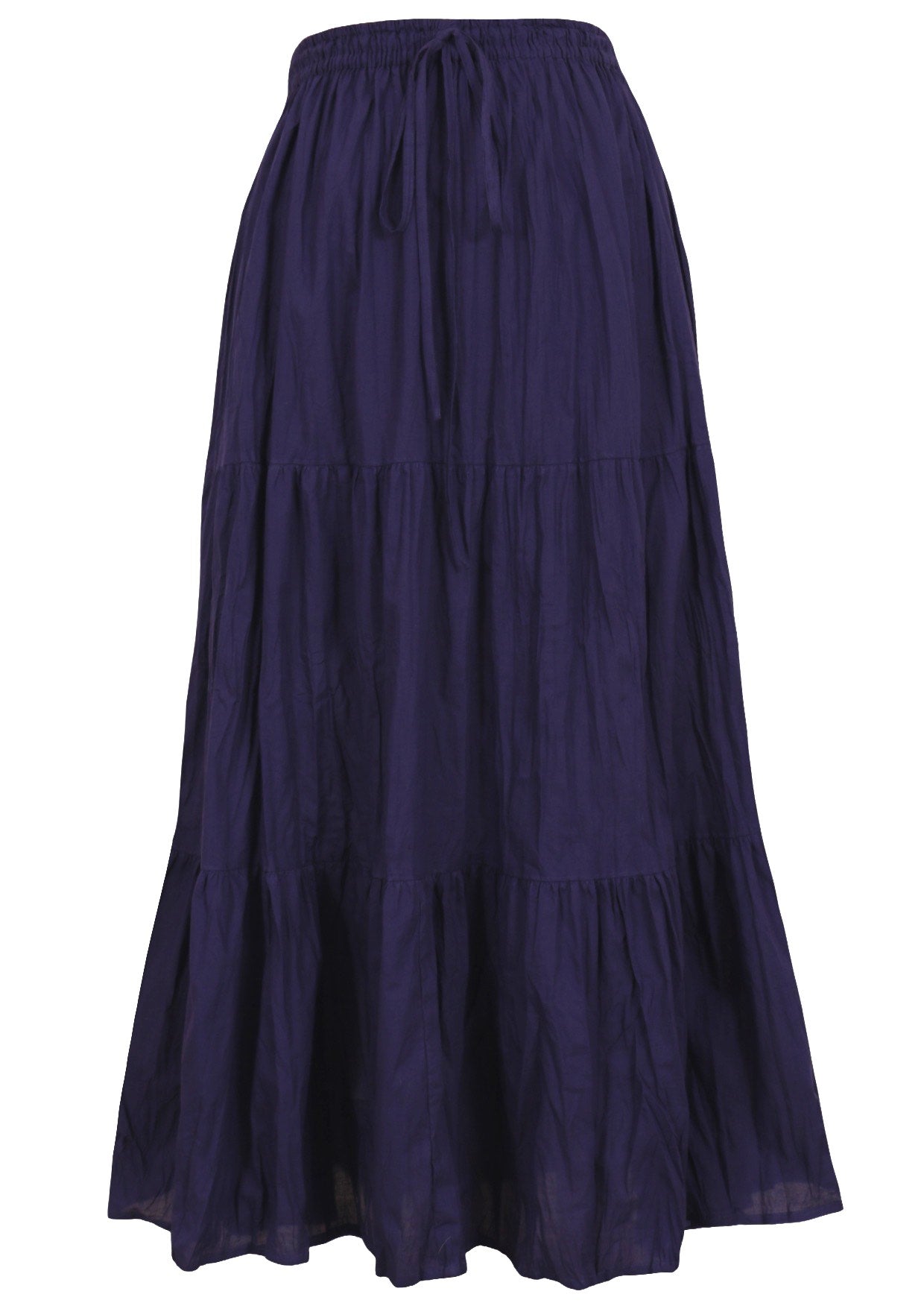 Front mannequin photo of cotton three tiered maxi skirt in dark vibrant blue