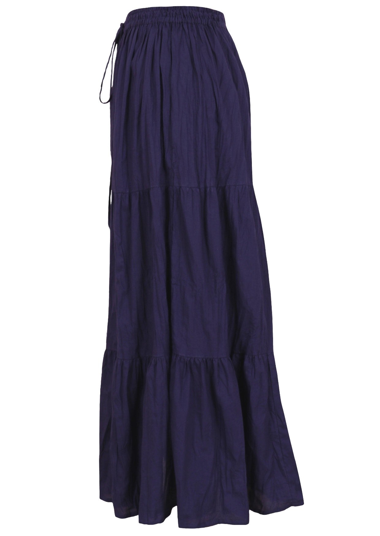 Side mannequin photo of cotton three tiered maxi skirt in dark vibrant blue