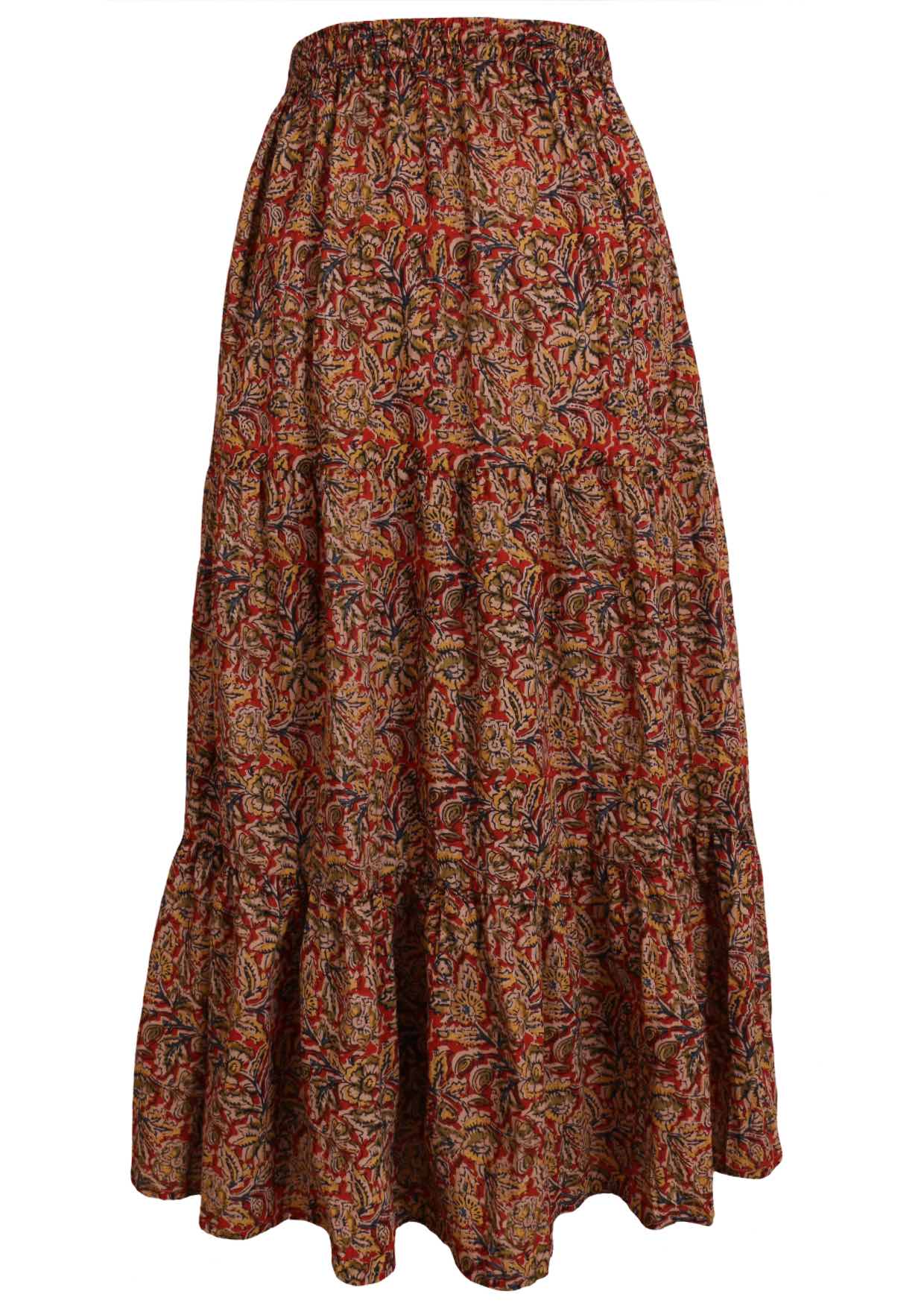 Back mannequin pic of cotton tiered maxi skirt in warm toned print