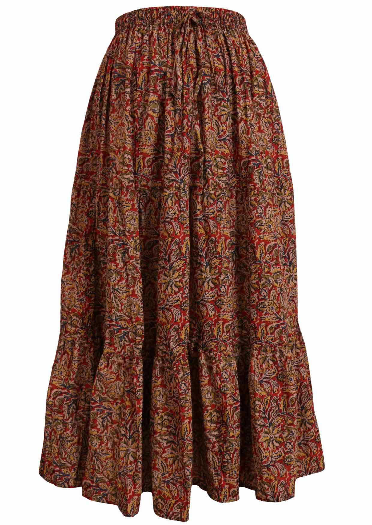 Front mannequin pic of cotton maxi skirt in warm tones with shoestring waist-tie