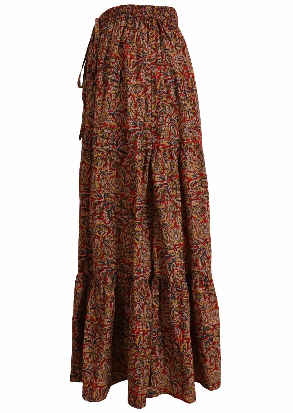 Side mannequin pic of cotton maxi skirt with elastic waistband and shoestring ties