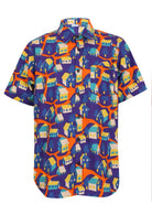 Front mannequin photo of short sleeve button through collared shirt in retro house print