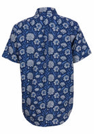 Back mannequin photo of blue floral cotton relaxed fit short sleeve shirt with box pleat in centre of back