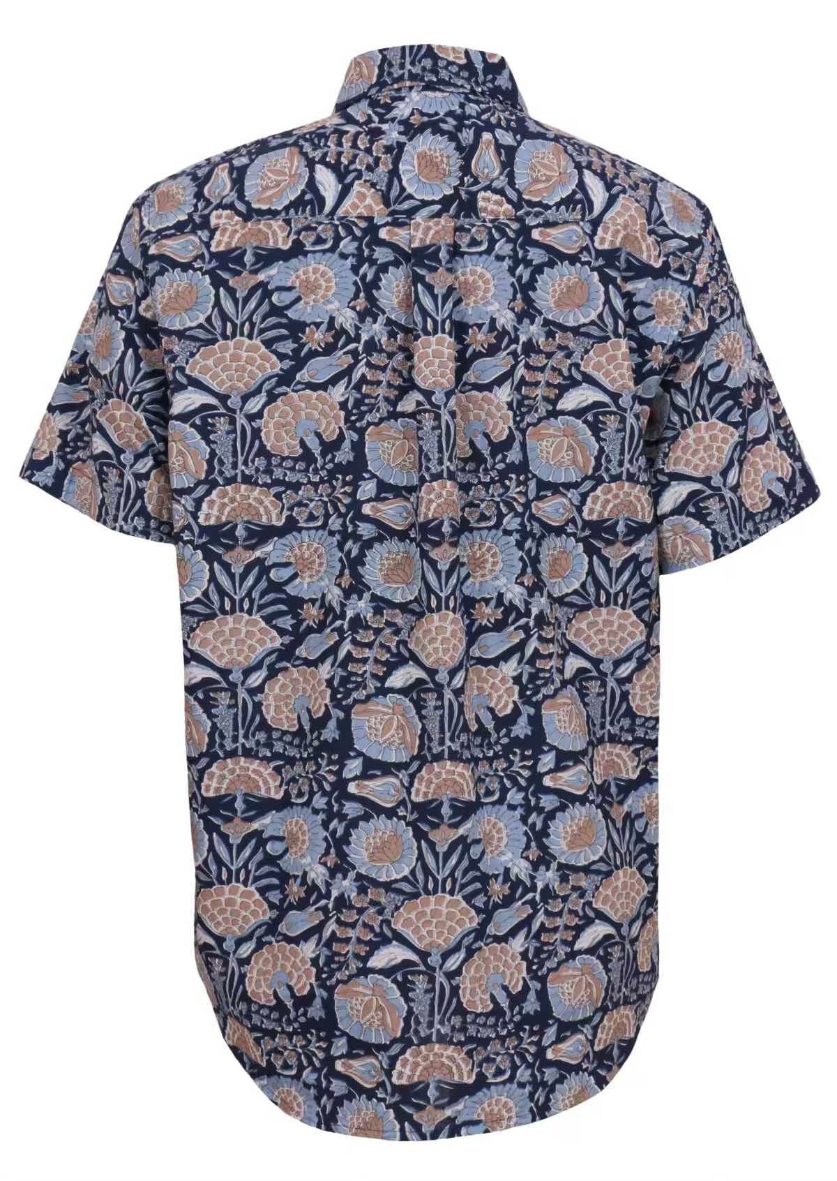 Back mannequin photo of blue based floral print men's shirt with centre box pleat