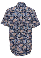 Back mannequin photo of blue based floral print men's shirt with centre box pleat