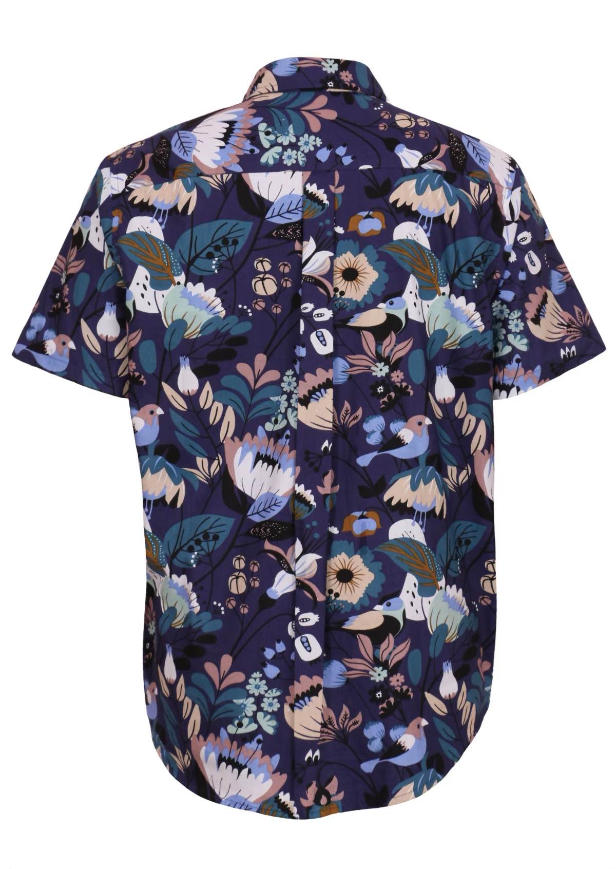 Back mannequin photo of blue based floral print men's shirt with box pleat in centre back