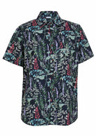 Front mannequin photo of short sleeve collared shirt in teal based floral print