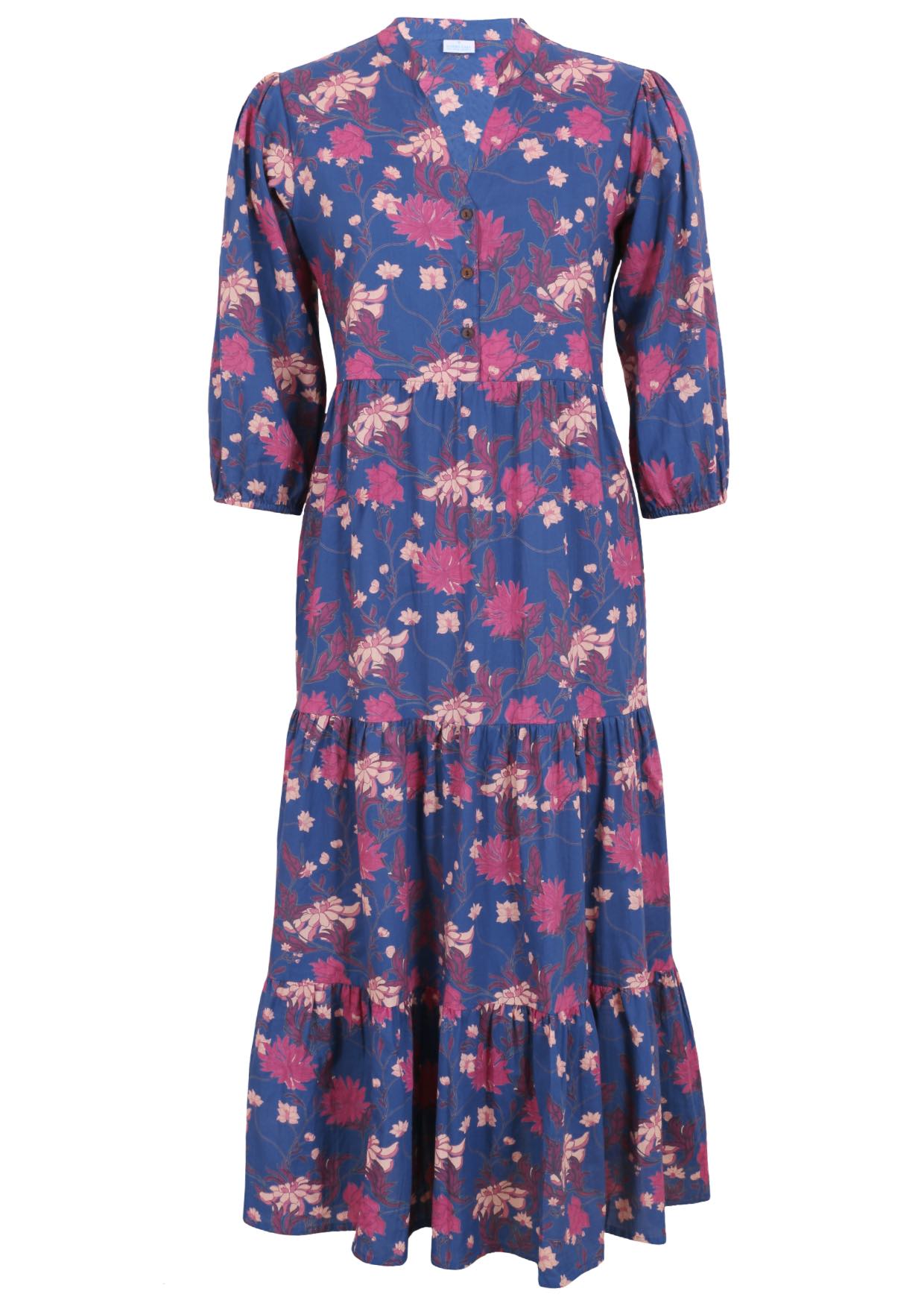 100% cotton relaxed fit, three tiered maxi dress with buttoned bodice, 3/4 sleeves and pockets in navy blue based floral print 