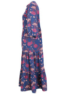 Blue floral cotton maxi dress with tiered skirt, 3/4 sleeves and mandarin collar