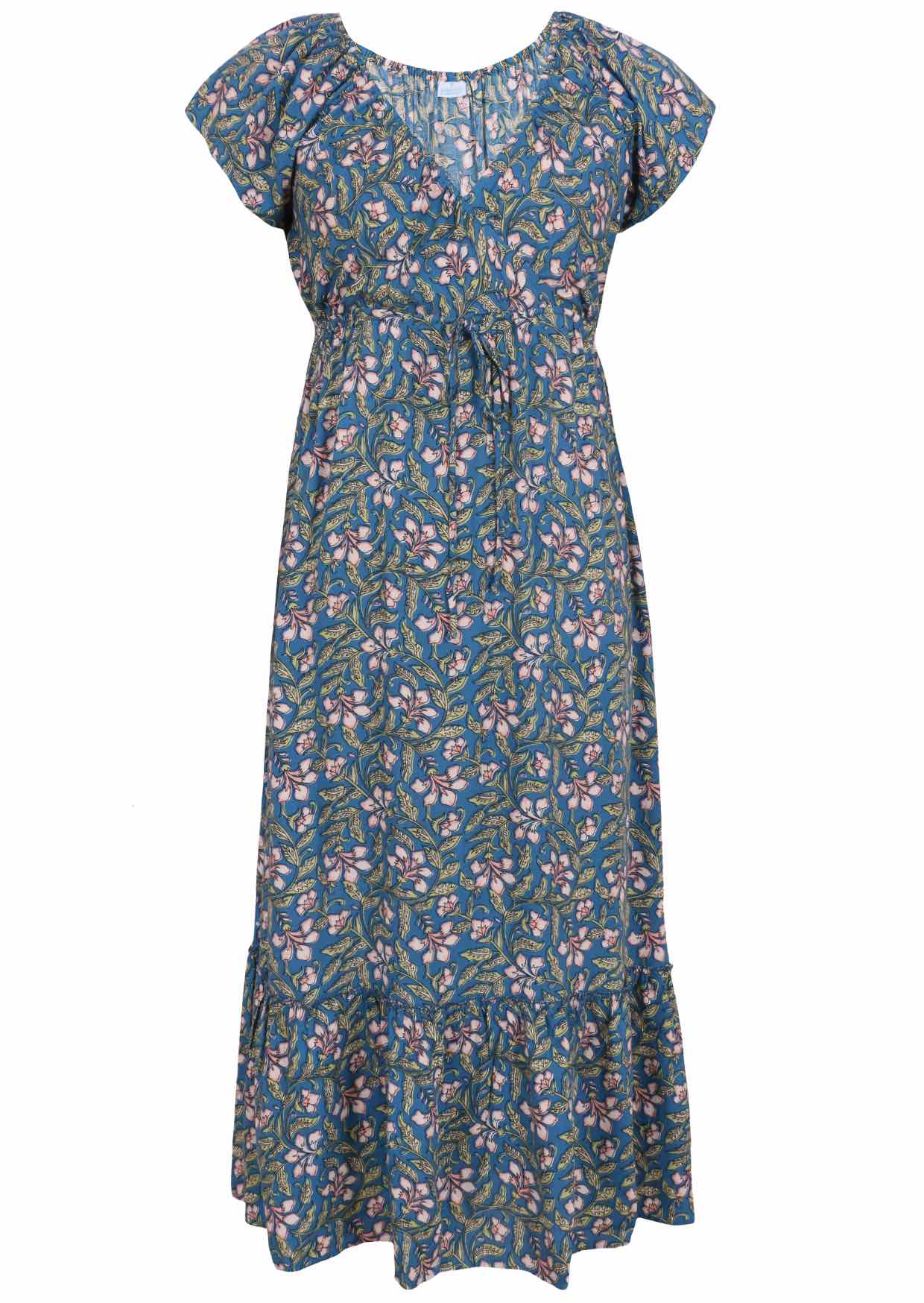 cerulean blue based block style floral print rayon dress with elasticated neckline.