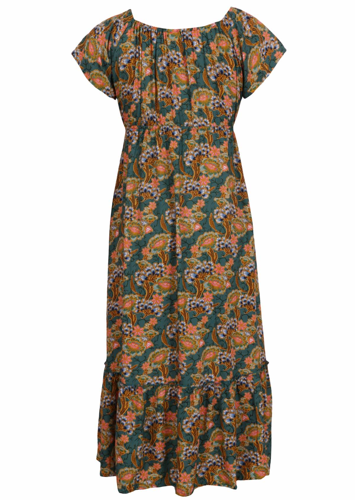 Back mannequin photo of green based floral print rayon maxi dress