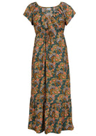 Front mannequin photo of green based floral print rayon maxi dress