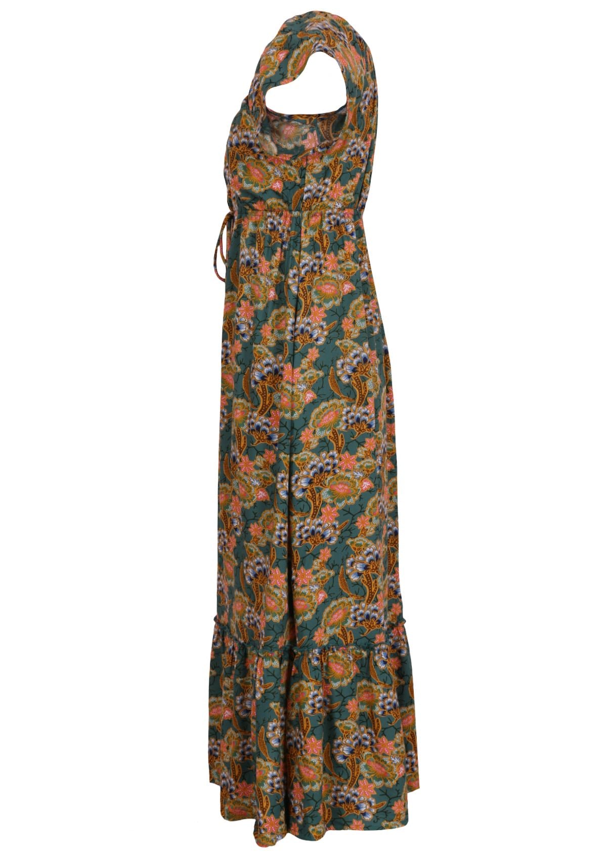 Side mannequin photo of green based floral print rayon maxi dress