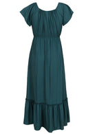 Back View Teal dress with ruffled sleeves and bottom on a white background