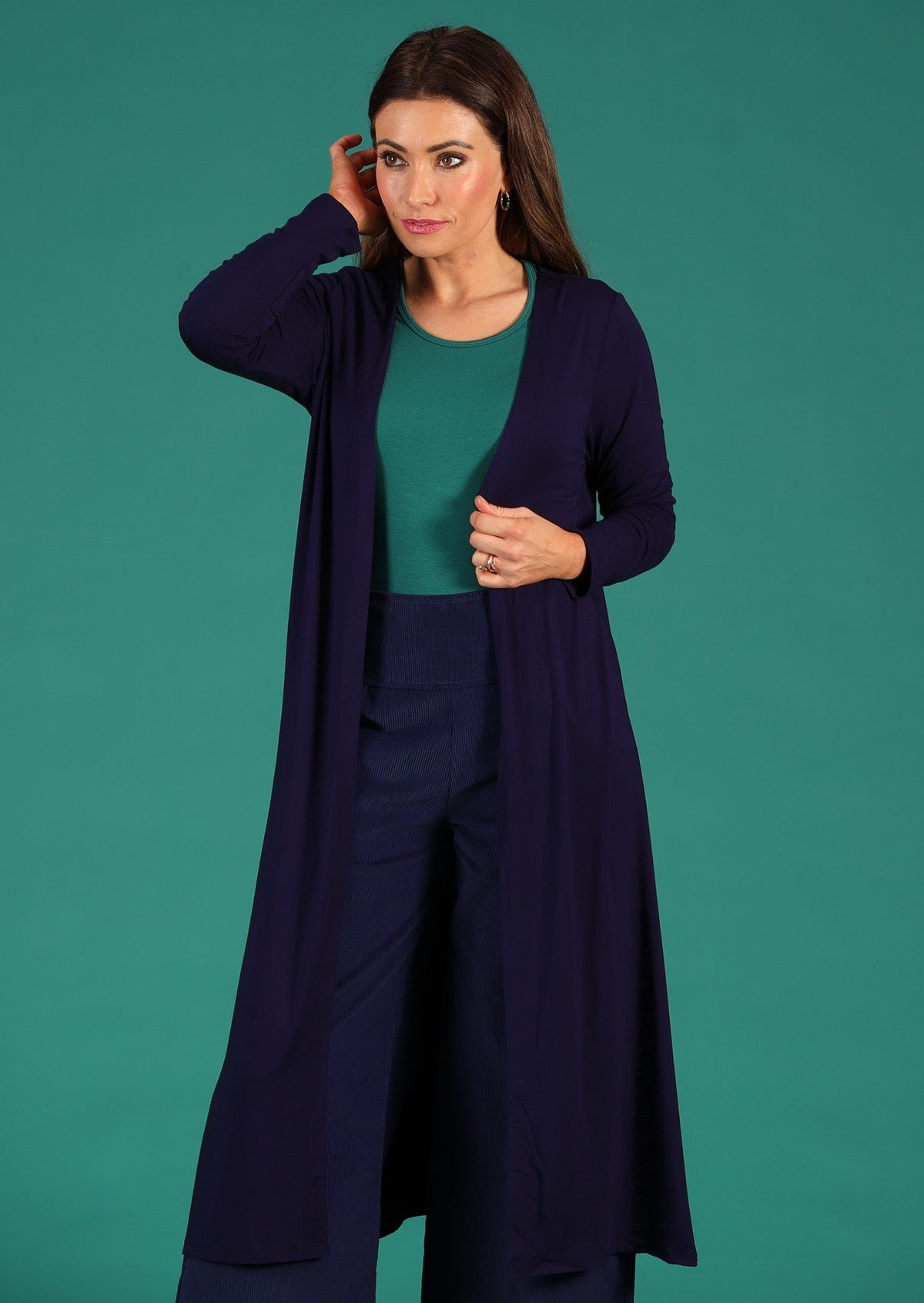 Long Sleeve Stretch Rayon Duster Cardi Navy Blue | Karma East Australia