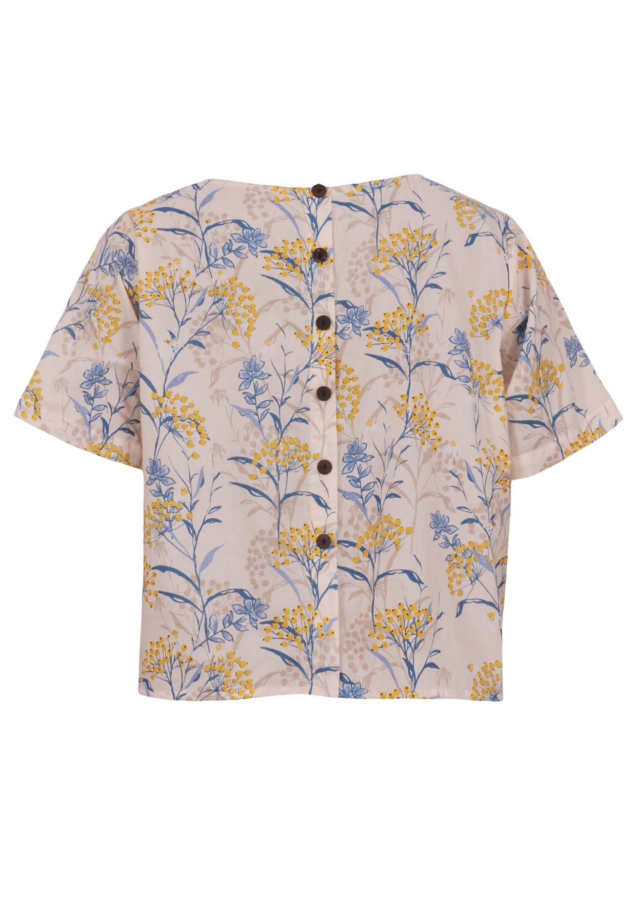 100% cotton short sleeve top with round neckline and non functional buttons down the back